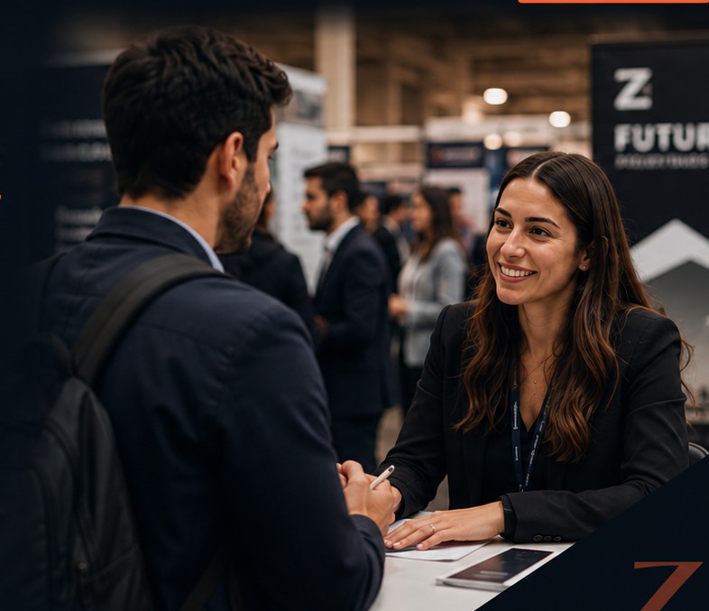Dos personas conversando en una feria de empleo